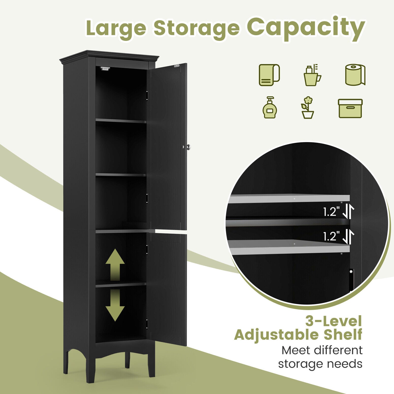 Tall Bathroom Floor Cabinet with Shutter Doors and Adjustable Shelf, Black Floor Cabinets at Gallery Canada