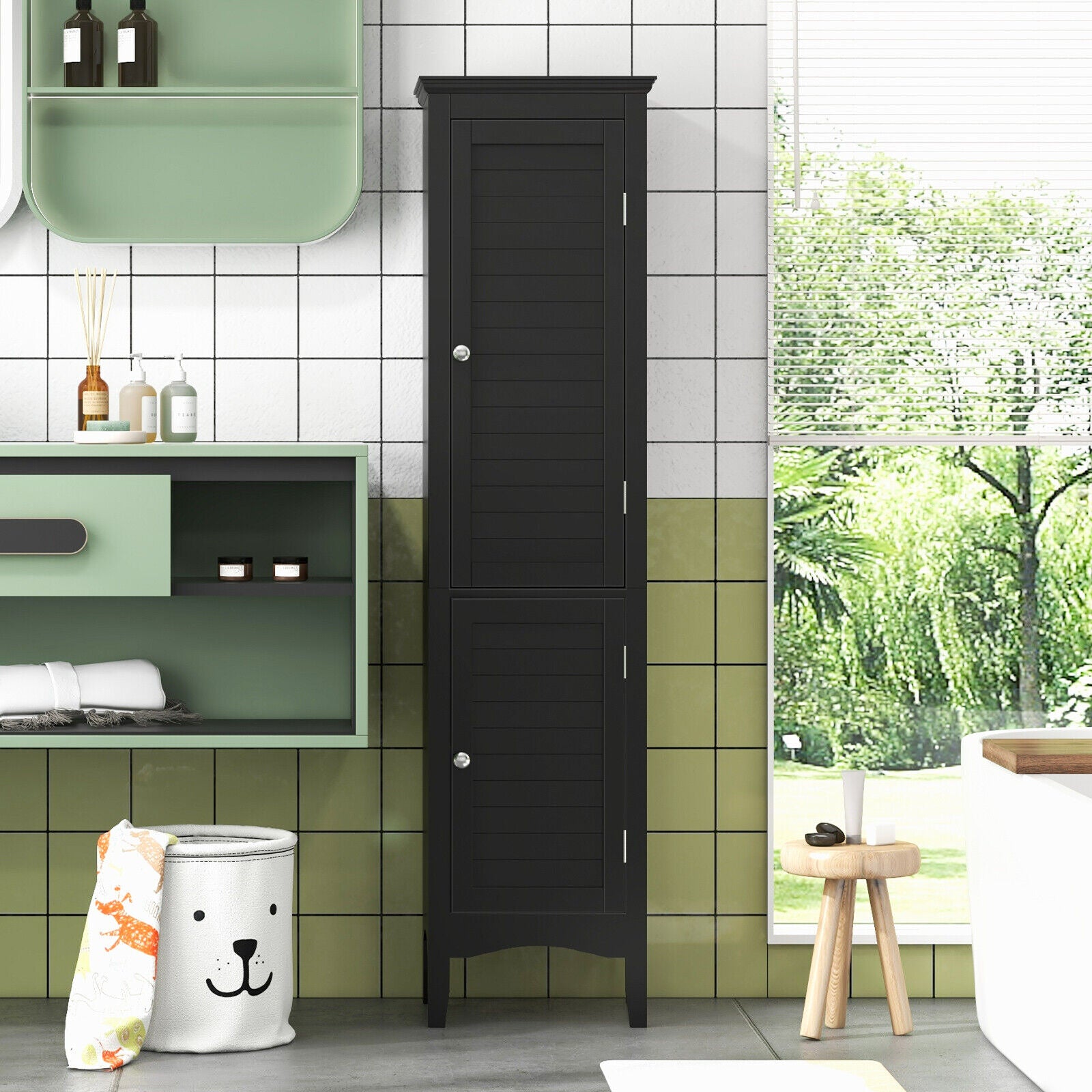 Tall Bathroom Floor Cabinet with Shutter Doors and Adjustable Shelf, Black Floor Cabinets at Gallery Canada