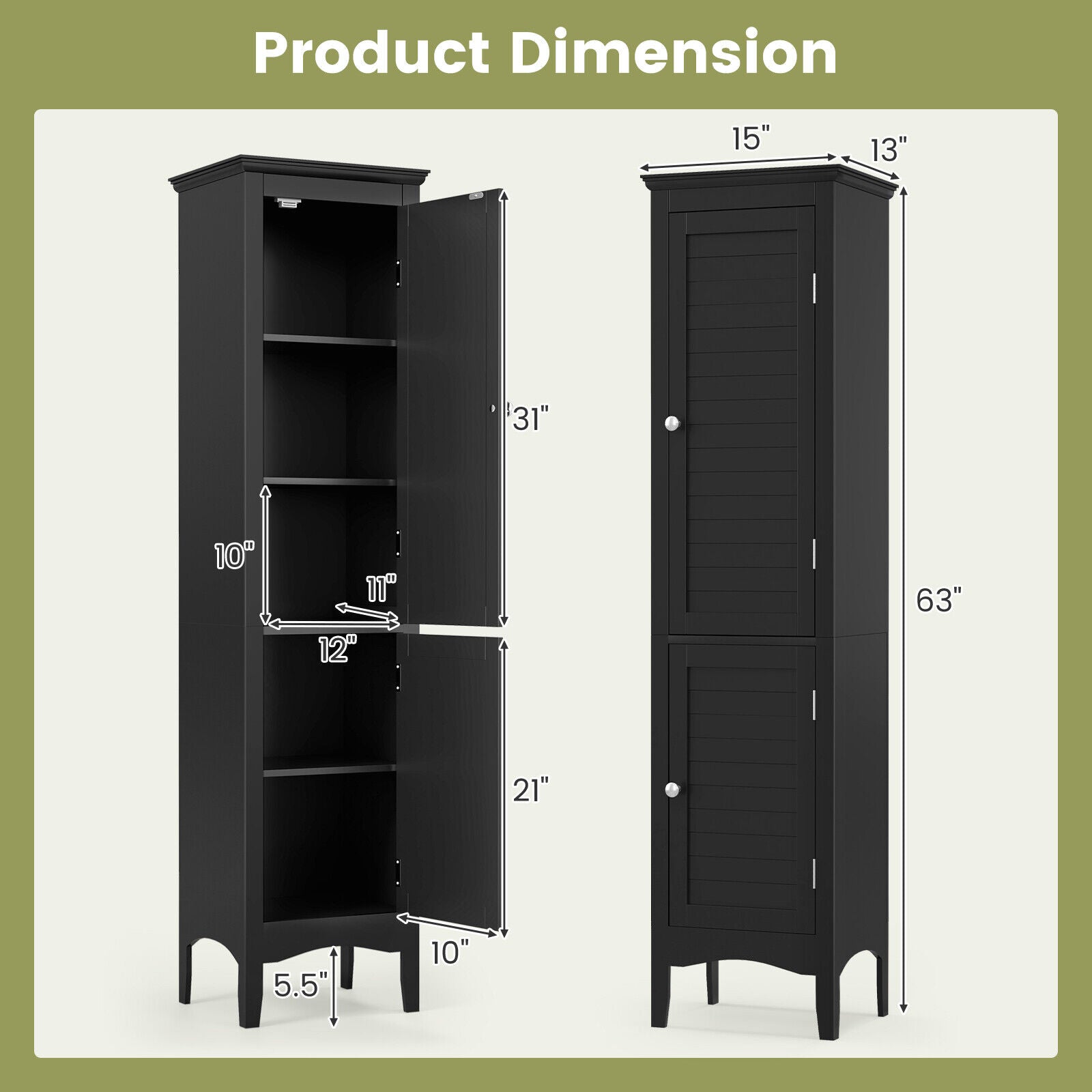 Tall Bathroom Floor Cabinet with Shutter Doors and Adjustable Shelf, Black Floor Cabinets at Gallery Canada