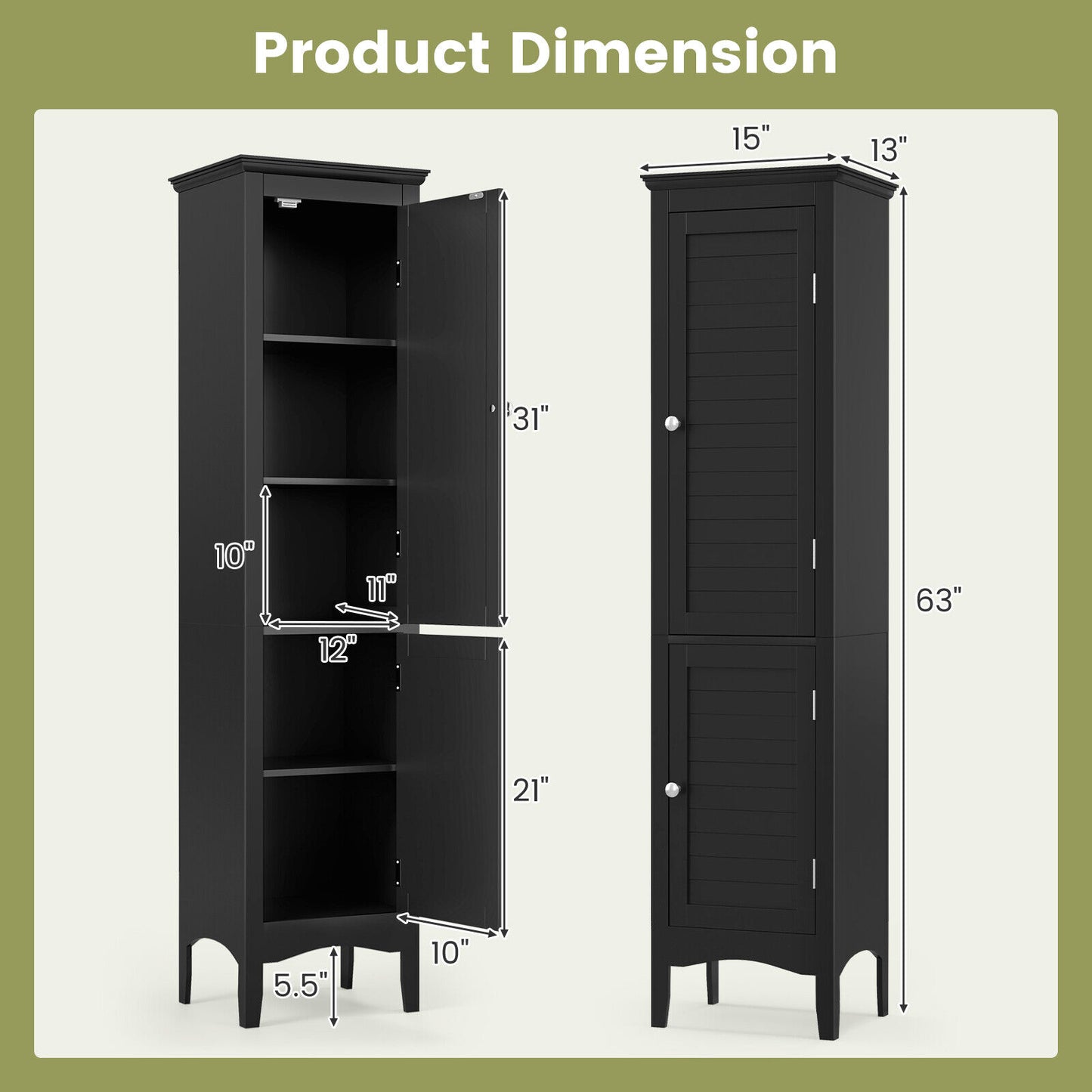 Tall Bathroom Floor Cabinet with Shutter Doors and Adjustable Shelf, Black Floor Cabinets at Gallery Canada