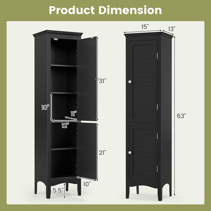 Tall Bathroom Floor Cabinet with Shutter Doors and Adjustable Shelf, Black