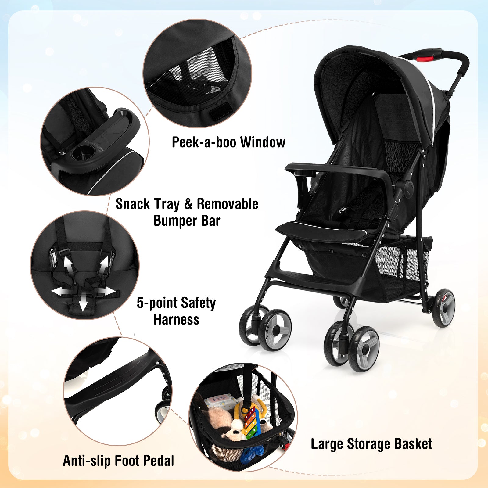 Toddler Travel Stroller for Airplane with Canopy and Adjustable Backrest, Black Baby Strollers at Gallery Canada