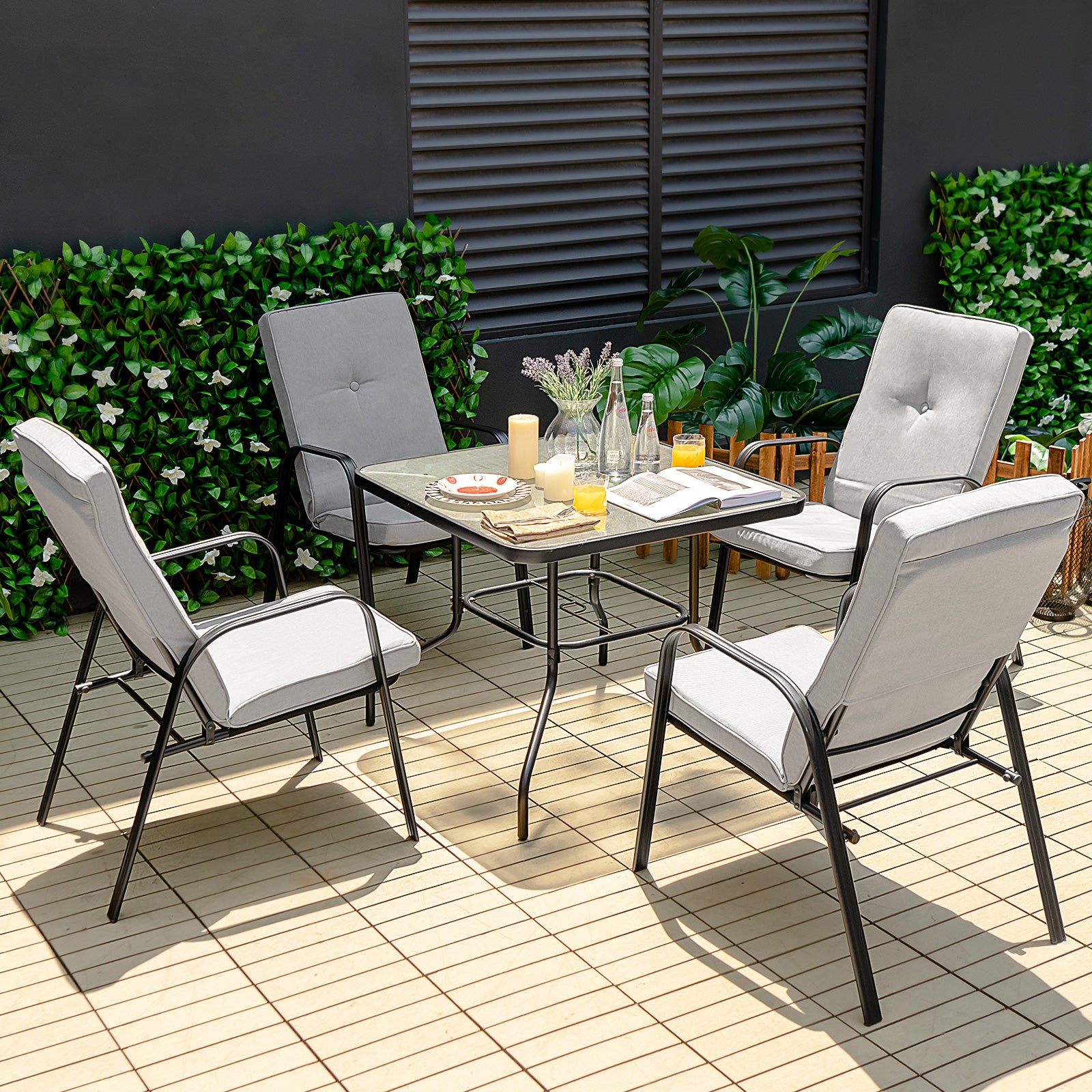 5 Pieces Outdoor Dining Set with 4 Stackable Chair and High-Back Cushions, Gray Patio Dining Sets at Gallery Canada