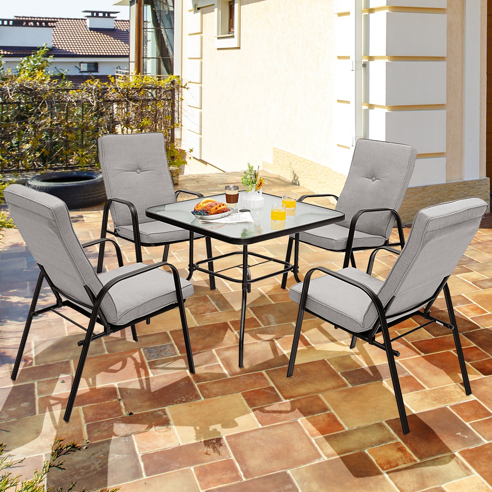 5 Pieces Outdoor Dining Set with 4 Stackable Chair and High-Back Cushions, Gray Patio Dining Sets at Gallery Canada