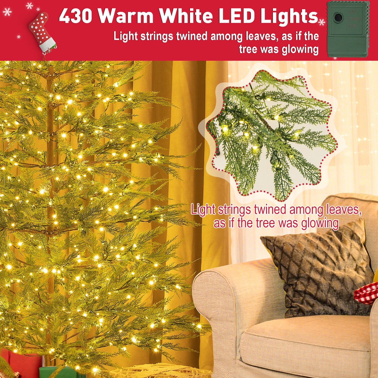 6.5/7.5 Ft Artificial Cypress Christmas Tree Pre-Lit Hinged