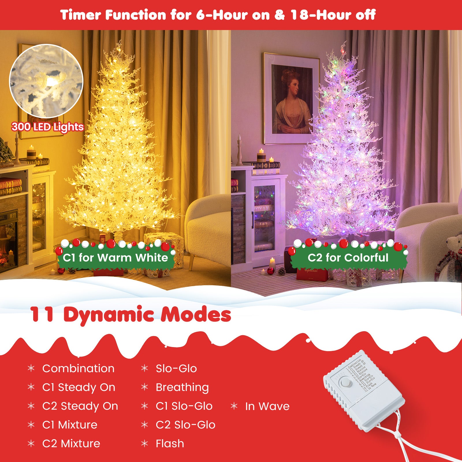 6 Feet Artificial Xmas Tree with 383 PE Branch Tips and 300 LED Lights, White Christmas Tree at Gallery Canada