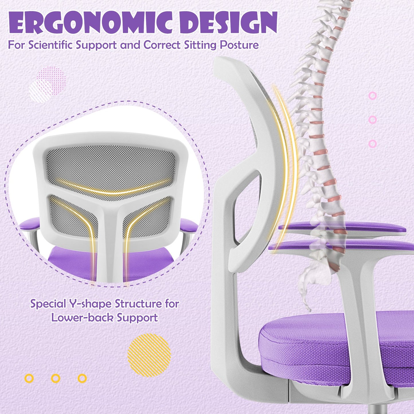 Adjustable Desk Chair with Auto Brake Casters for Kids, Purple - Gallery Canada