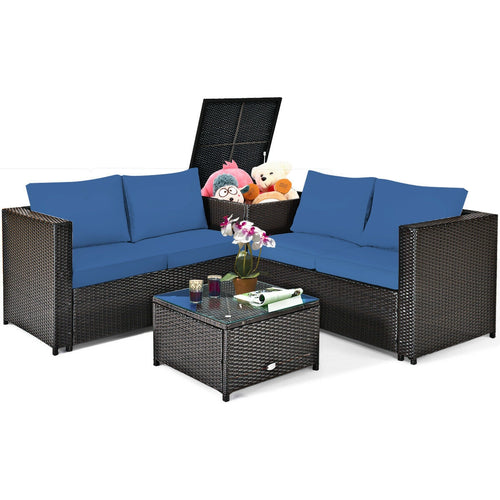 4 Piece Rattan Patio Furniture Set, Cushioned Loveseat With Storage Box, Navy