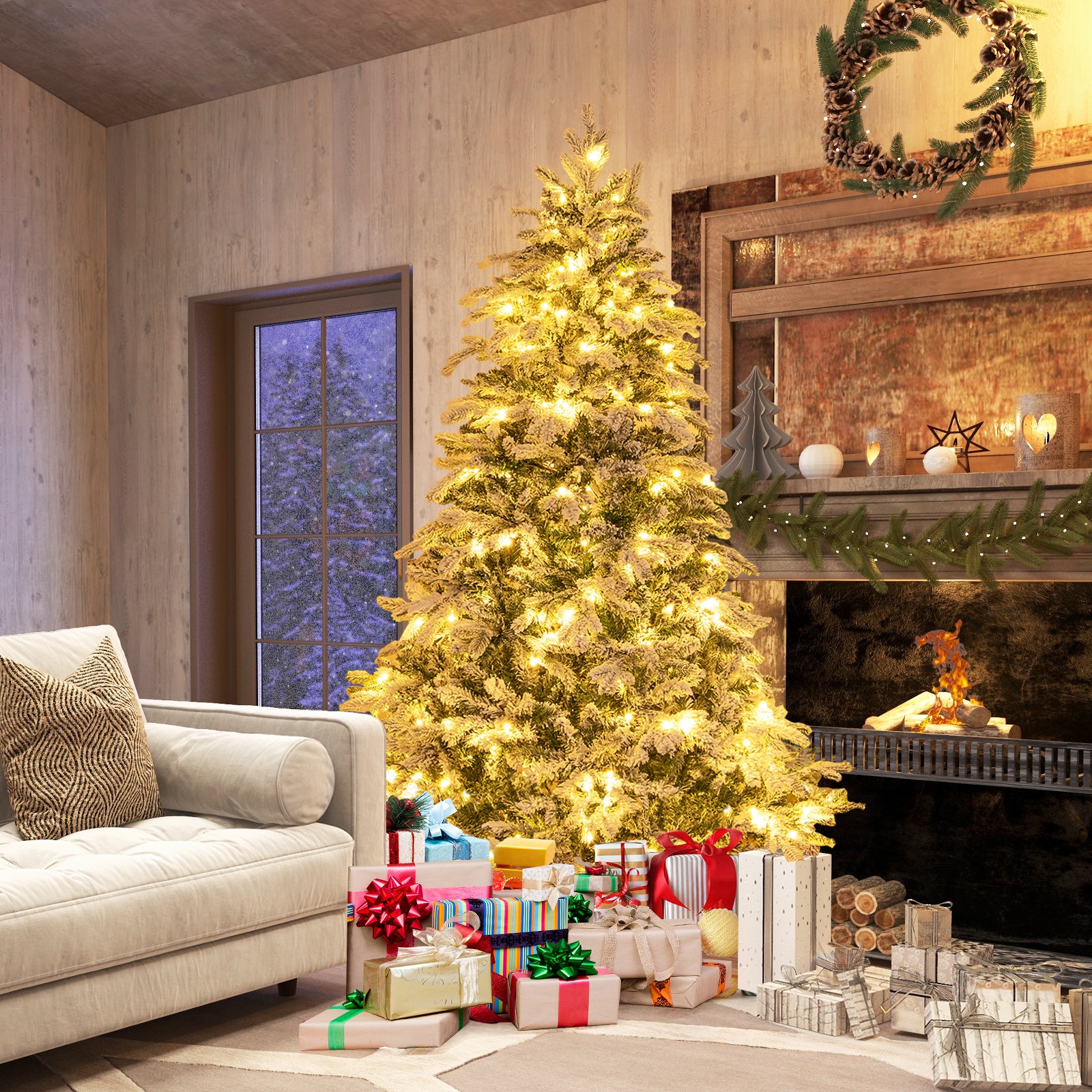 4.5/6/7 Feet Flocked Christmas Tree with Warm White LED Lights-6 ft, White Christmas Tree at Gallery Canada