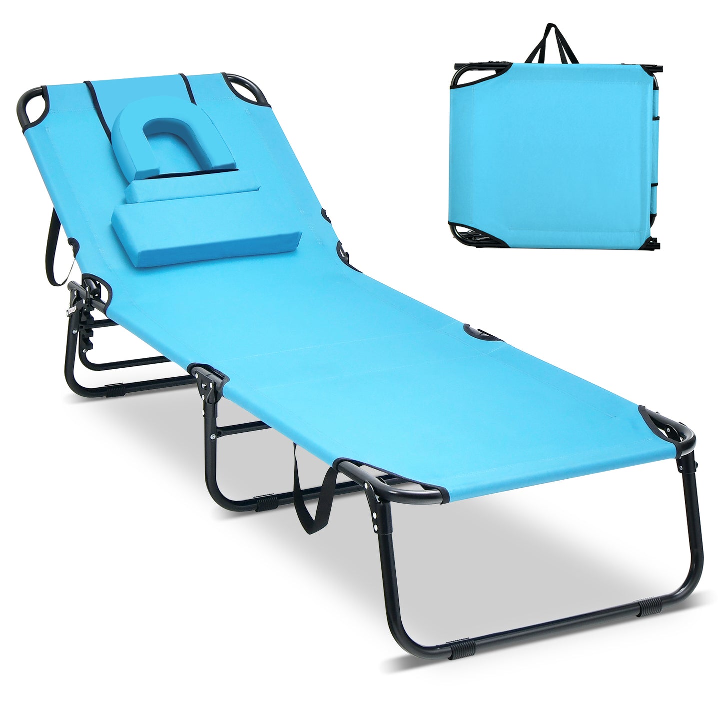Beach Chaise Lounge Chair with Face Hole and Removable Pillow, Turquoise Outdoor Chaise Lounges at Gallery Canada