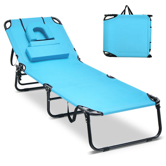Beach Chaise Lounge Chair With Face Hole, Removable Pillow, Turquoise