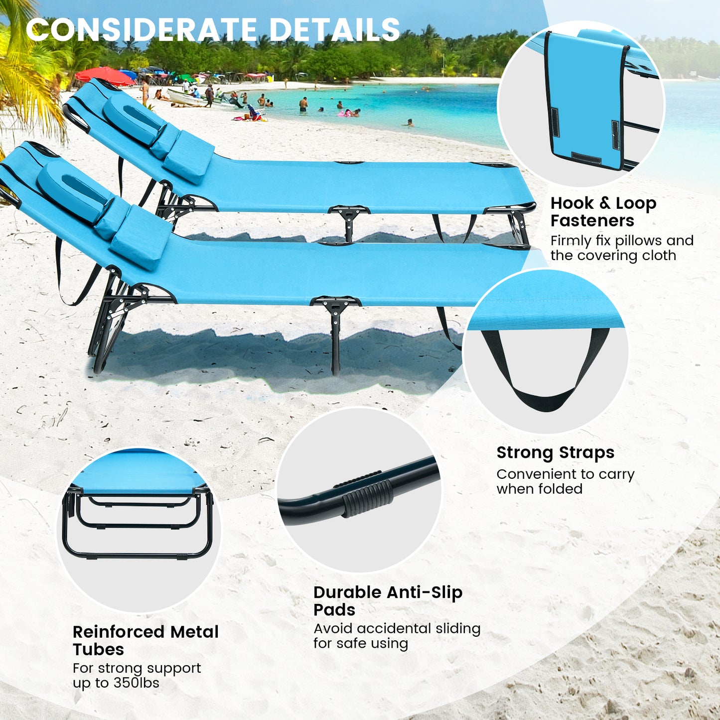 Beach Chaise Lounge Chair with Face Hole and Removable Pillow, Turquoise Outdoor Chaise Lounges at Gallery Canada