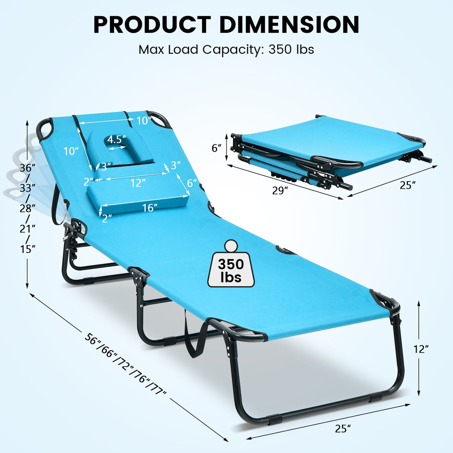 Beach Chaise Lounge Chair with Face Hole and Removable Pillow, Turquoise Outdoor Chaise Lounges at Gallery Canada