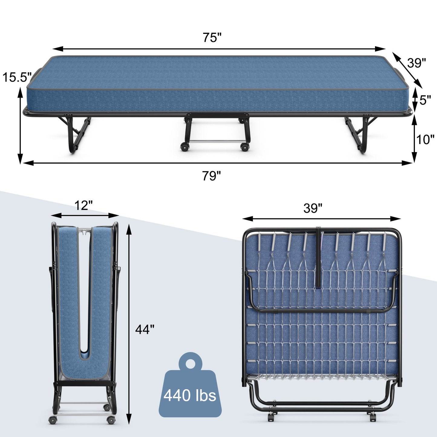 Portable Folding Bed with Memory Foam Mattress and Sturdy Metal Frame Made in Italy, Navy - Gallery Canada
