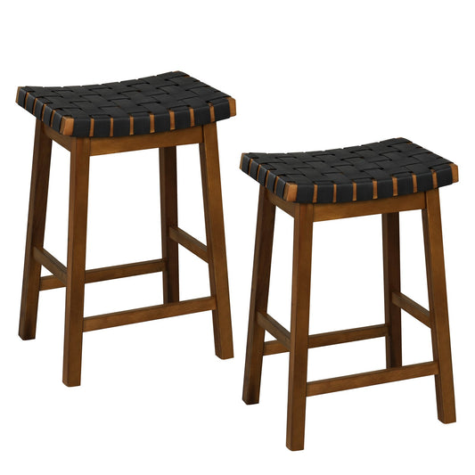 Faux PU Leather Bar Height Stools Set of 2 with Woven Curved Seat-25 Inches - Gallery Canada