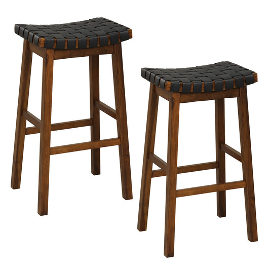 Faux PU Leather Bar Height Stools Set of 2 with Woven Curved Seat-29 Inches - Gallery Canada