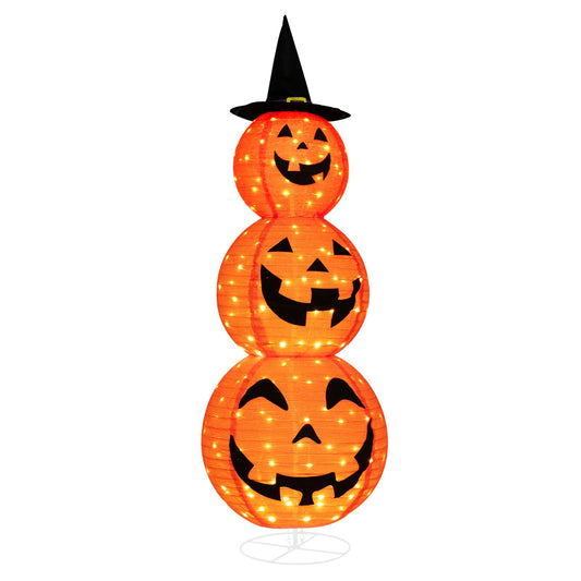 Light Up Triple Stacked Halloween Pumpkin Decoration with Hat, Orange