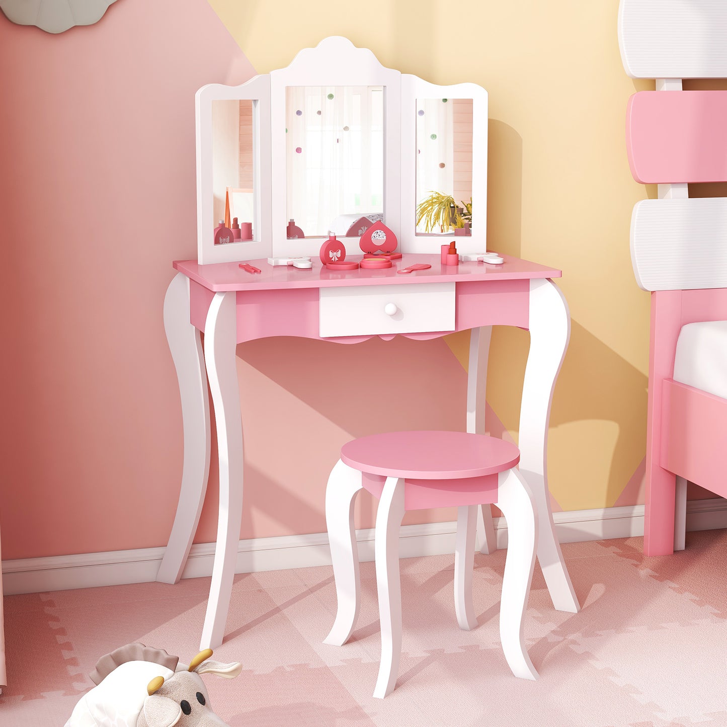 Kid's Wooden Vanity Table and Stool Set with 3-Panel Acrylic Mirror, White Kids Vanities at Gallery Canada