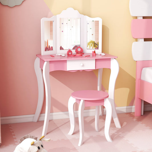 Kid's Wooden Vanity Table and Stool Set  with 3-Panel Acrylic Mirror, White - Gallery Canada