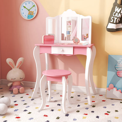 Kid's Wooden Vanity Table and Stool Set with 3-Panel Acrylic Mirror, White Kids Vanities at Gallery Canada