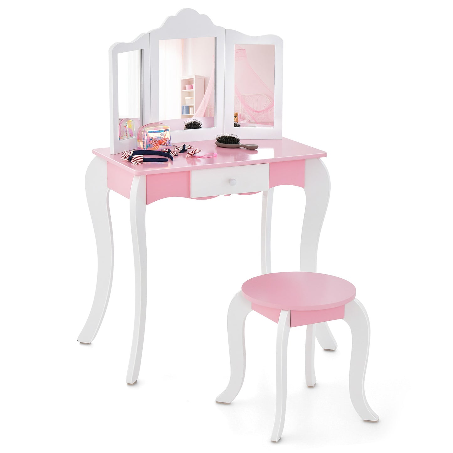 Table de vanité en bois pour enfants, ensemble avec tabouret, miroir acrylique à 3 panneaux, blanc