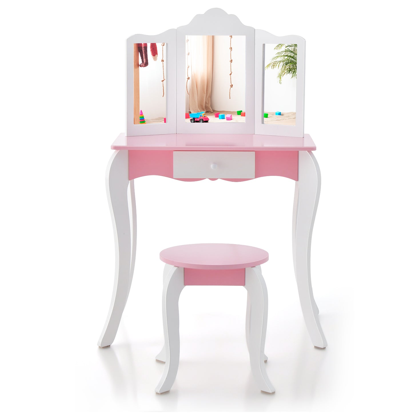 Kid's Wooden Vanity Table and Stool Set with 3-Panel Acrylic Mirror, White Kids Vanities at Gallery Canada