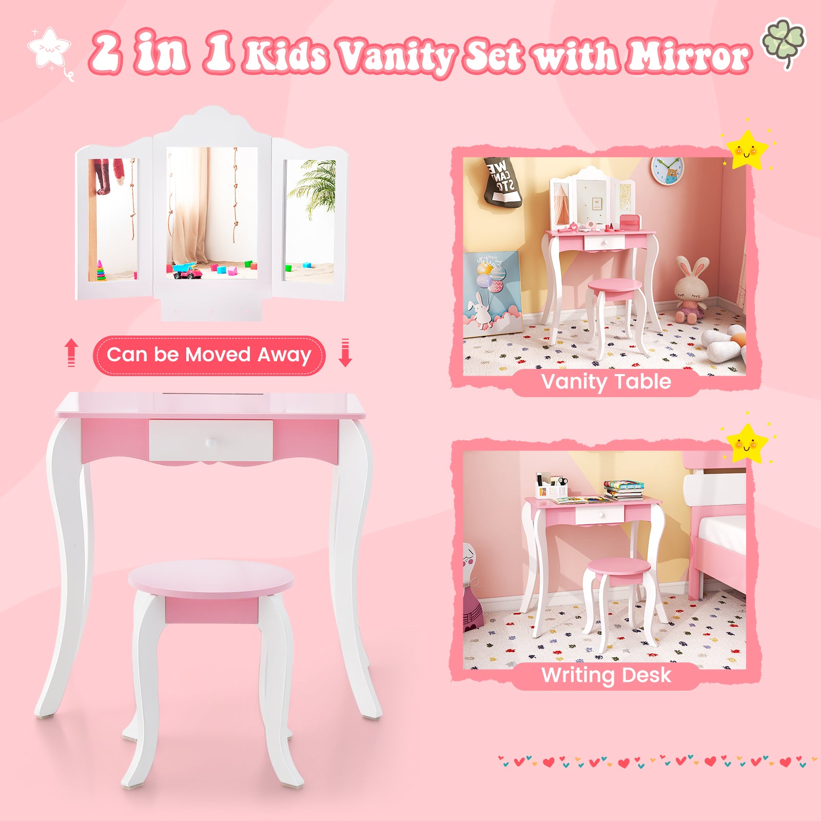 Kid's Wooden Vanity Table and Stool Set with 3-Panel Acrylic Mirror, White Kids Vanities at Gallery Canada