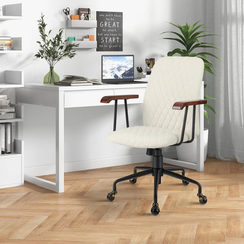 Velvet Home Office Chair with Wooden Armrest, Beige
