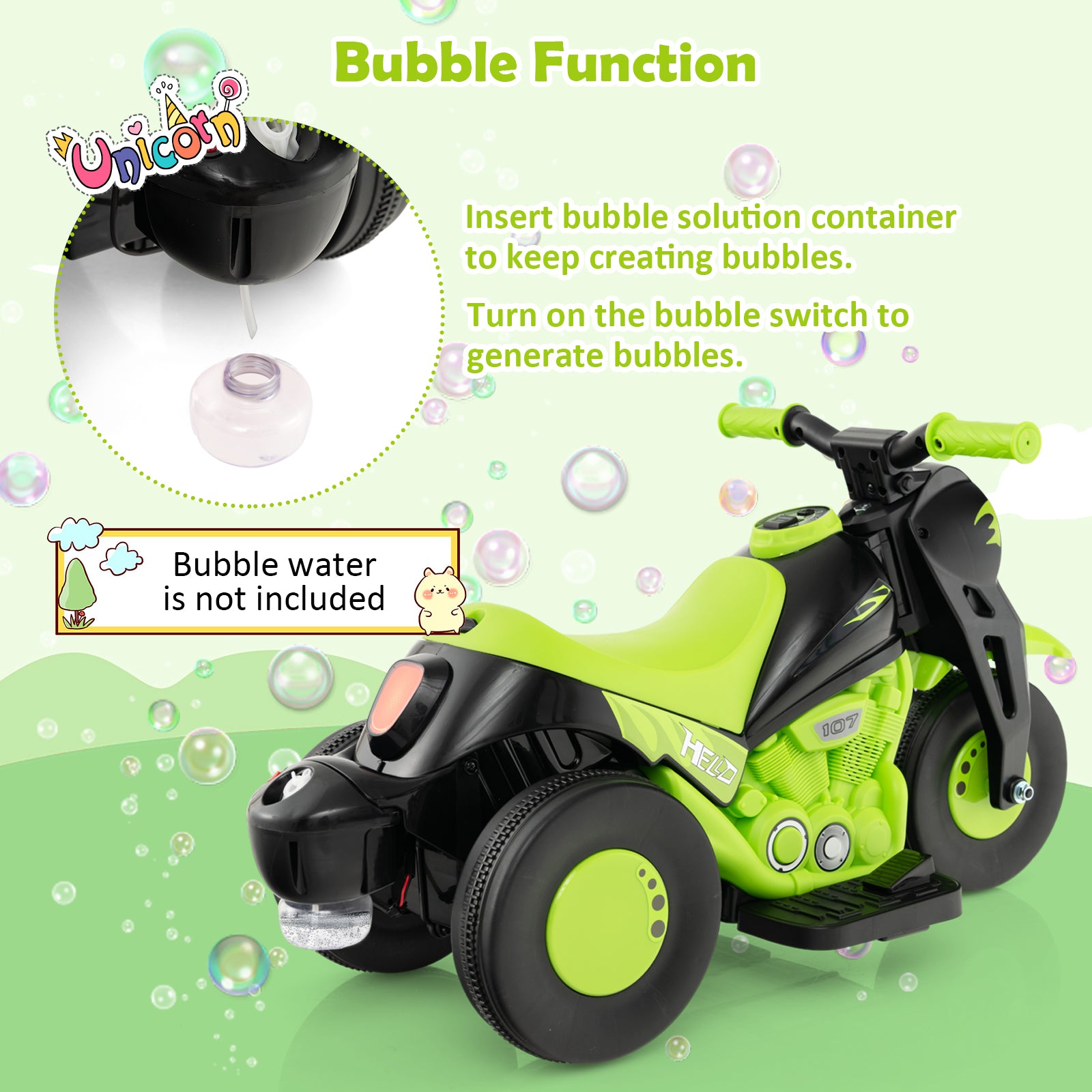 6V Kids Electric Ride on Motorcycle with Bubble Maker and Music, Green Powered Ride On Toys at Gallery Canada
