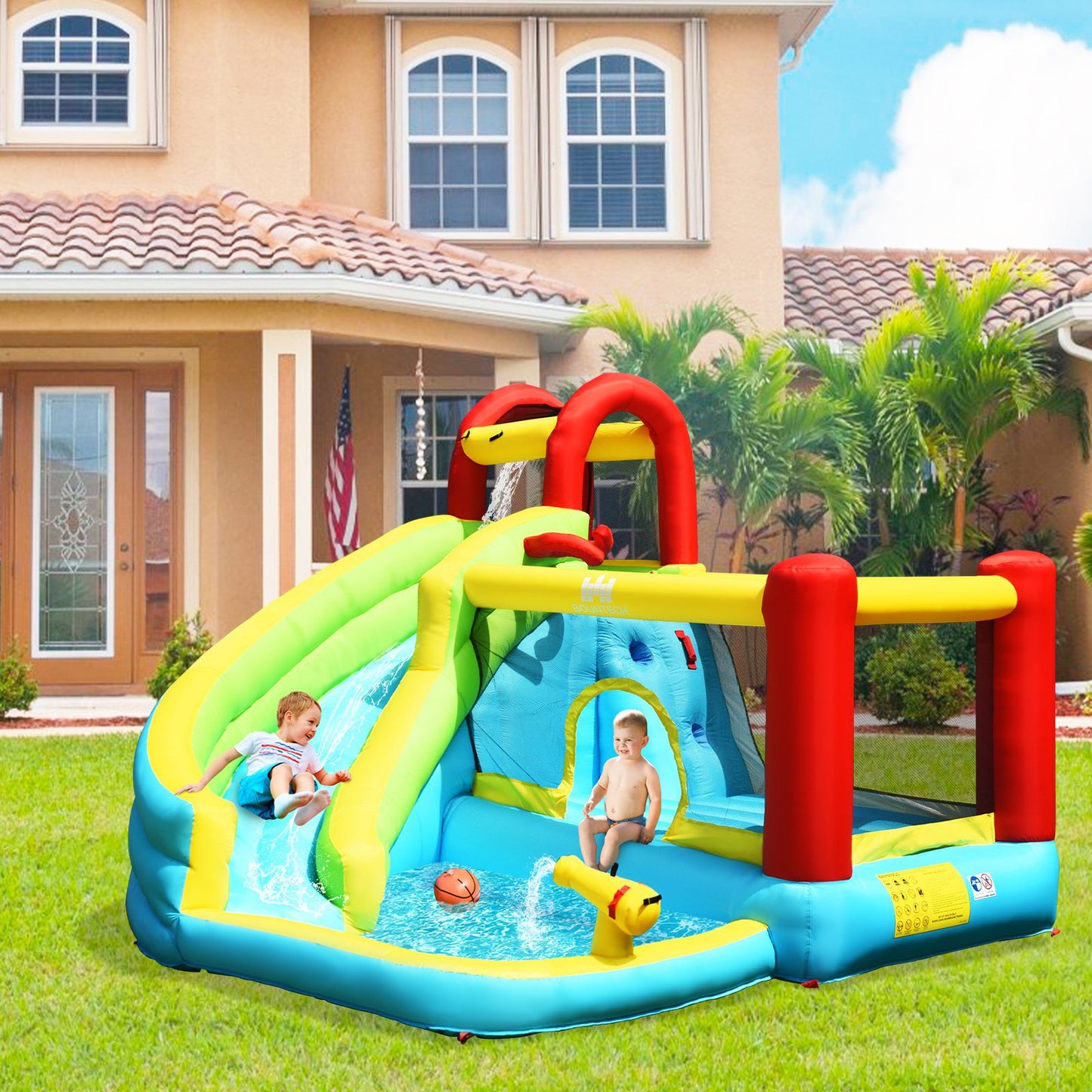 6-in-1 Inflatable Bounce House with Climbing Wall and Basketball Hoop with Blower, Multicolor - Gallery Canada