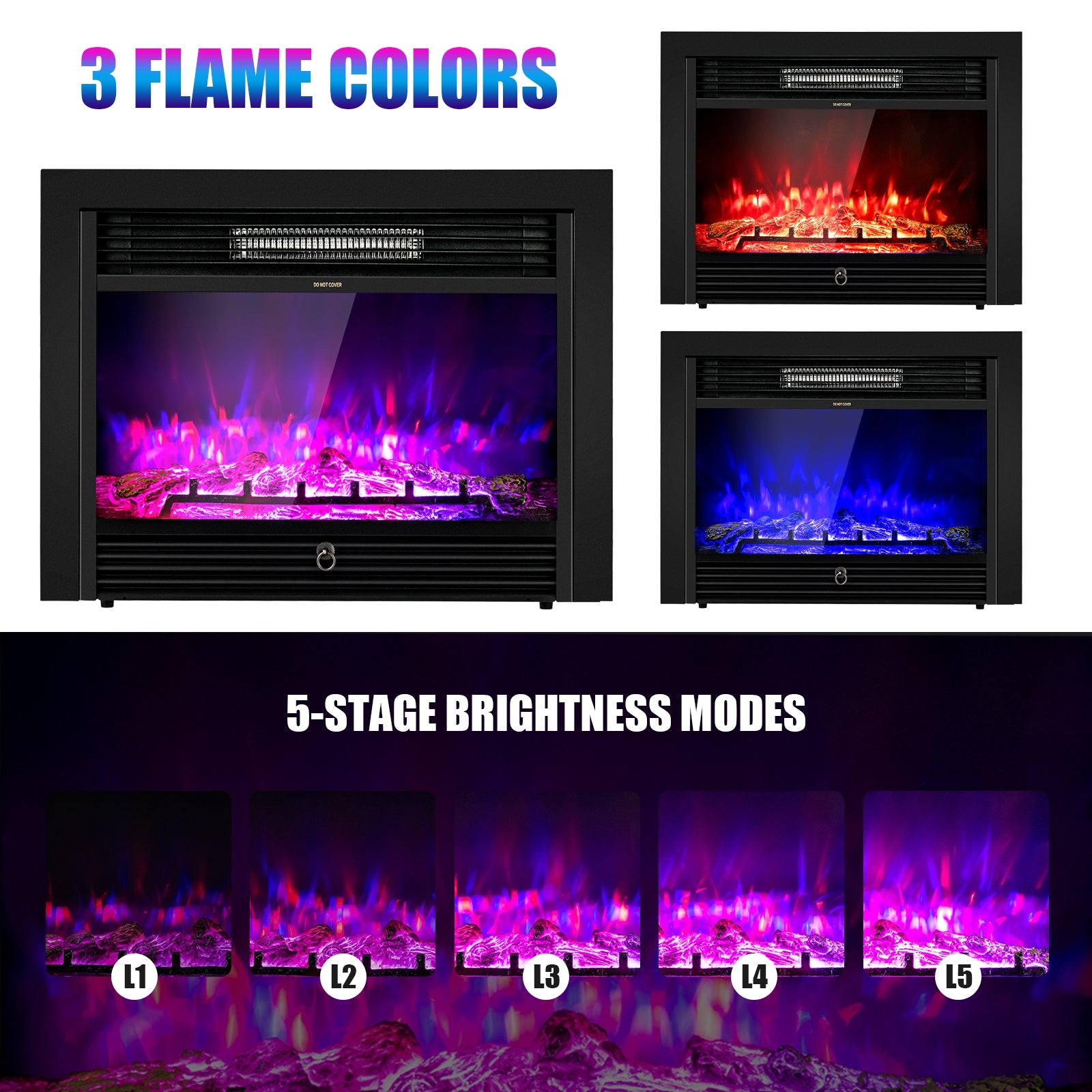 28.5 Inch Electric Fireplace, Recessed, 3 Flame Colors, Black Fireplaces at Gallery Canada