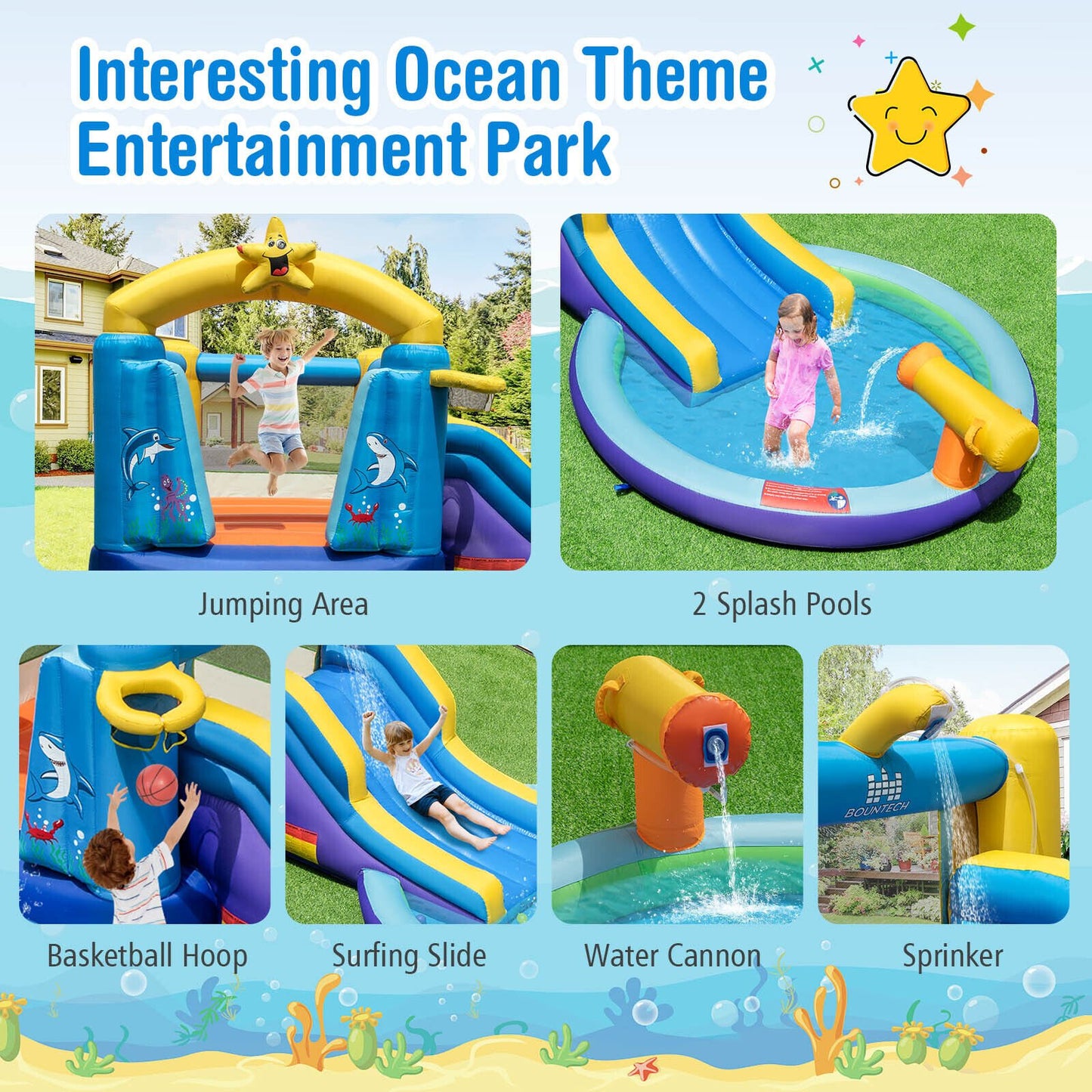 Inflatable Ocean-Themed Bounce House with 680W Blower and 2 Pools, Blue - Gallery Canada