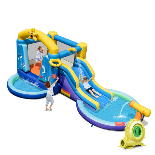 Inflatable Ocean-Themed Bounce House with 680W Blower and 2 Pools, Blue Bounce House Blue at Gallery Canada