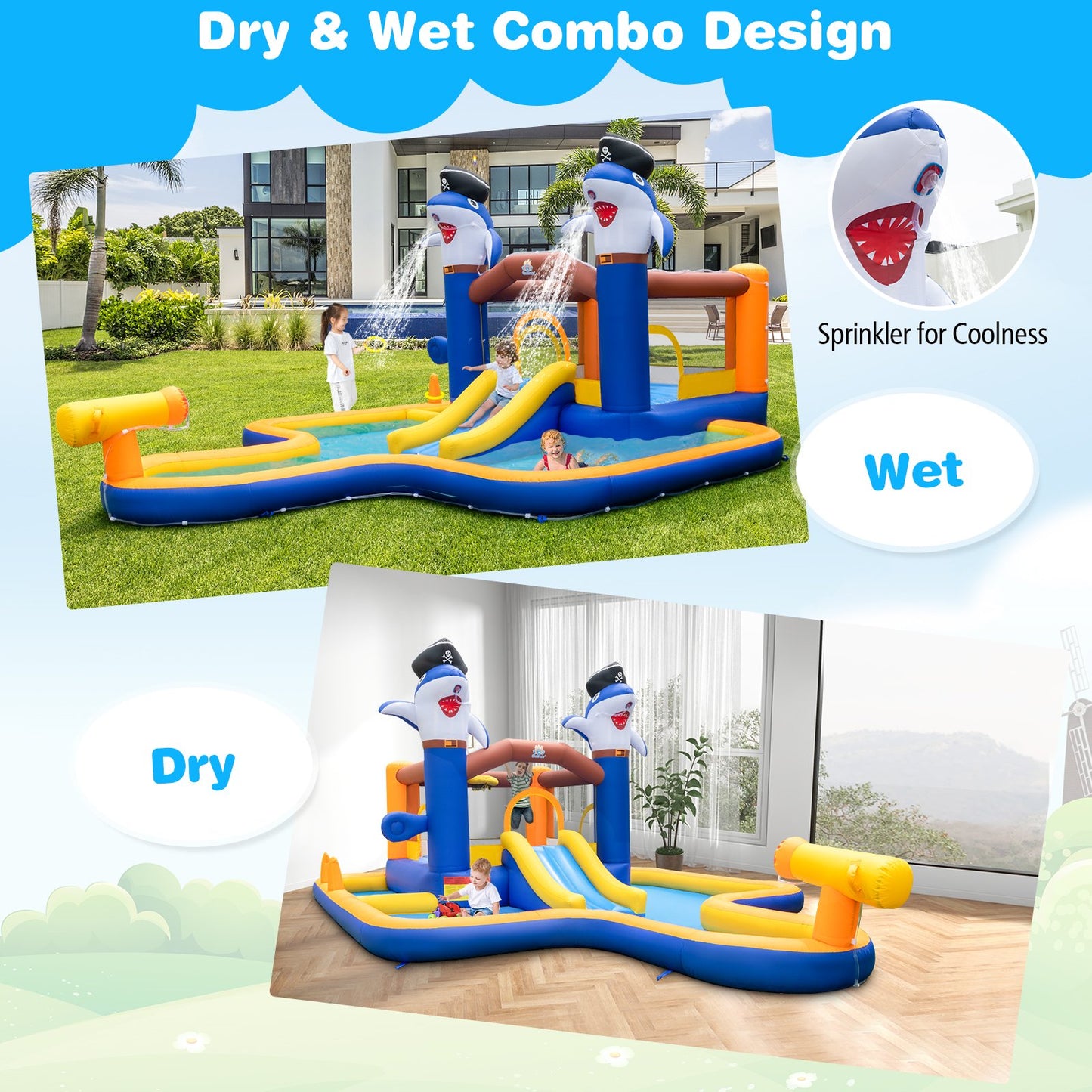 7-In-1 Water Slide Park with Splash Pool and Water Cannon with 750W Blower
