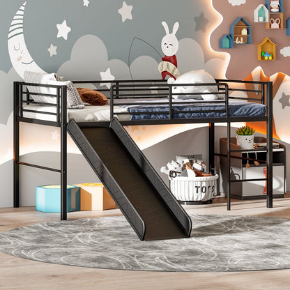 Twin Metal Loft Bed with Slide with Safety Guardrails and Built-in Ladder, Black - Gallery Canada