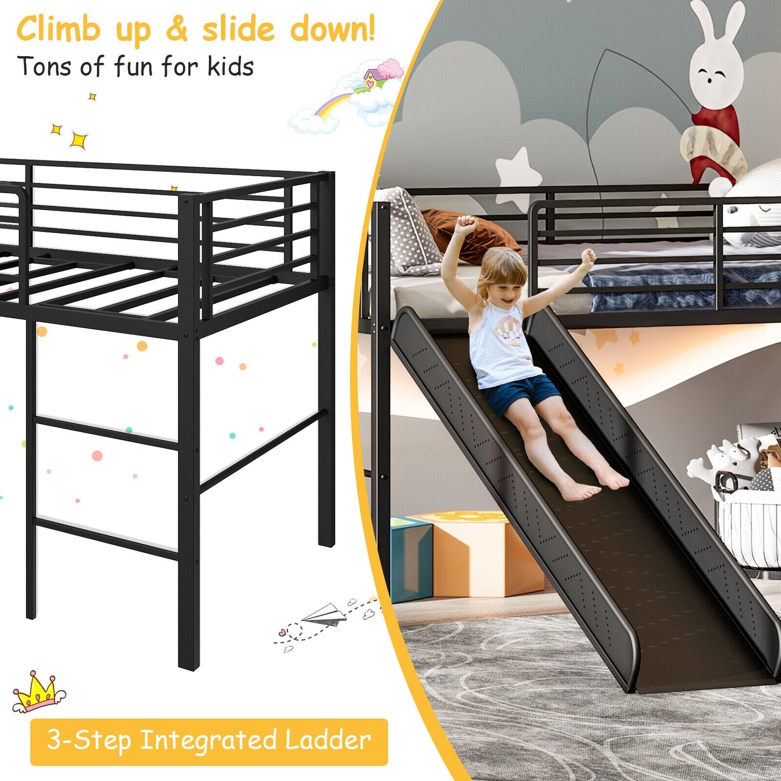 Twin Metal Loft Bed with Slide with Safety Guardrails and Built-in Ladder, Black - Gallery Canada