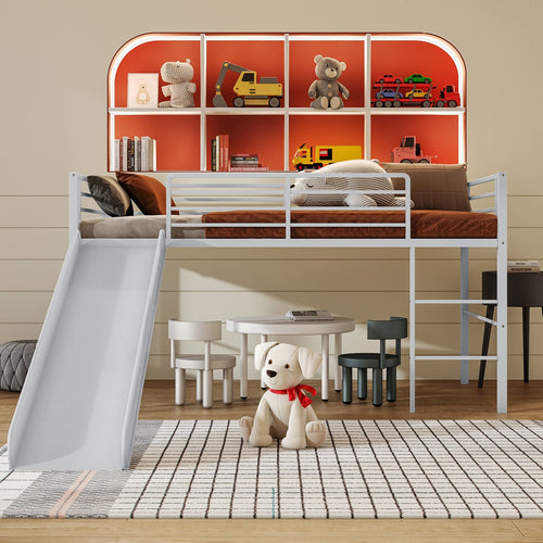 Twin Metal Loft Bed with Slide with Safety Guardrails and Built-in Ladder, Silver