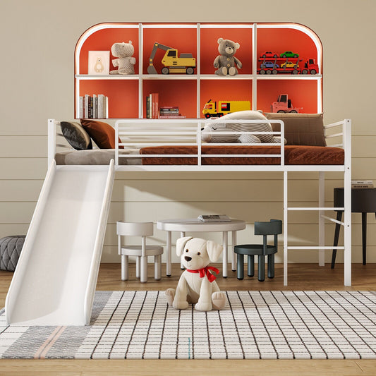 Twin Metal Loft Bed with Slide with Safety Guardrails and Built-in Ladder, White - Gallery Canada