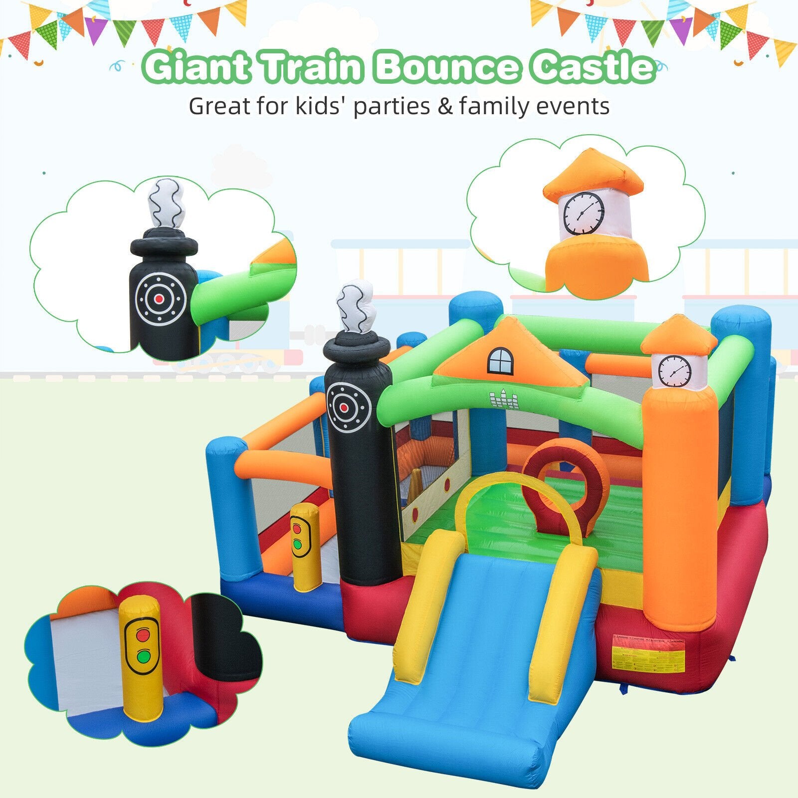 Train Themed Kids Bouncer with Slide and Basketball Hoop with 950W Air Blower - Gallery Canada