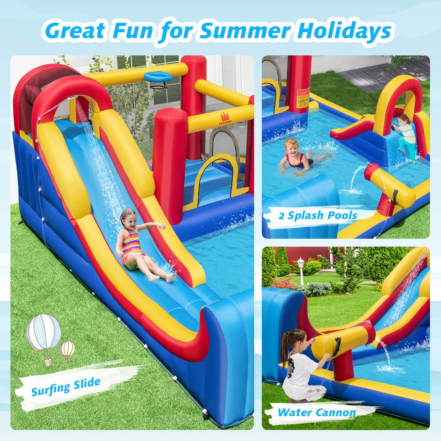 7 in 1 Outdoor Inflatable Bounce House with Water Slides and Splash Pools with 950W Blower, Red - Gallery Canada