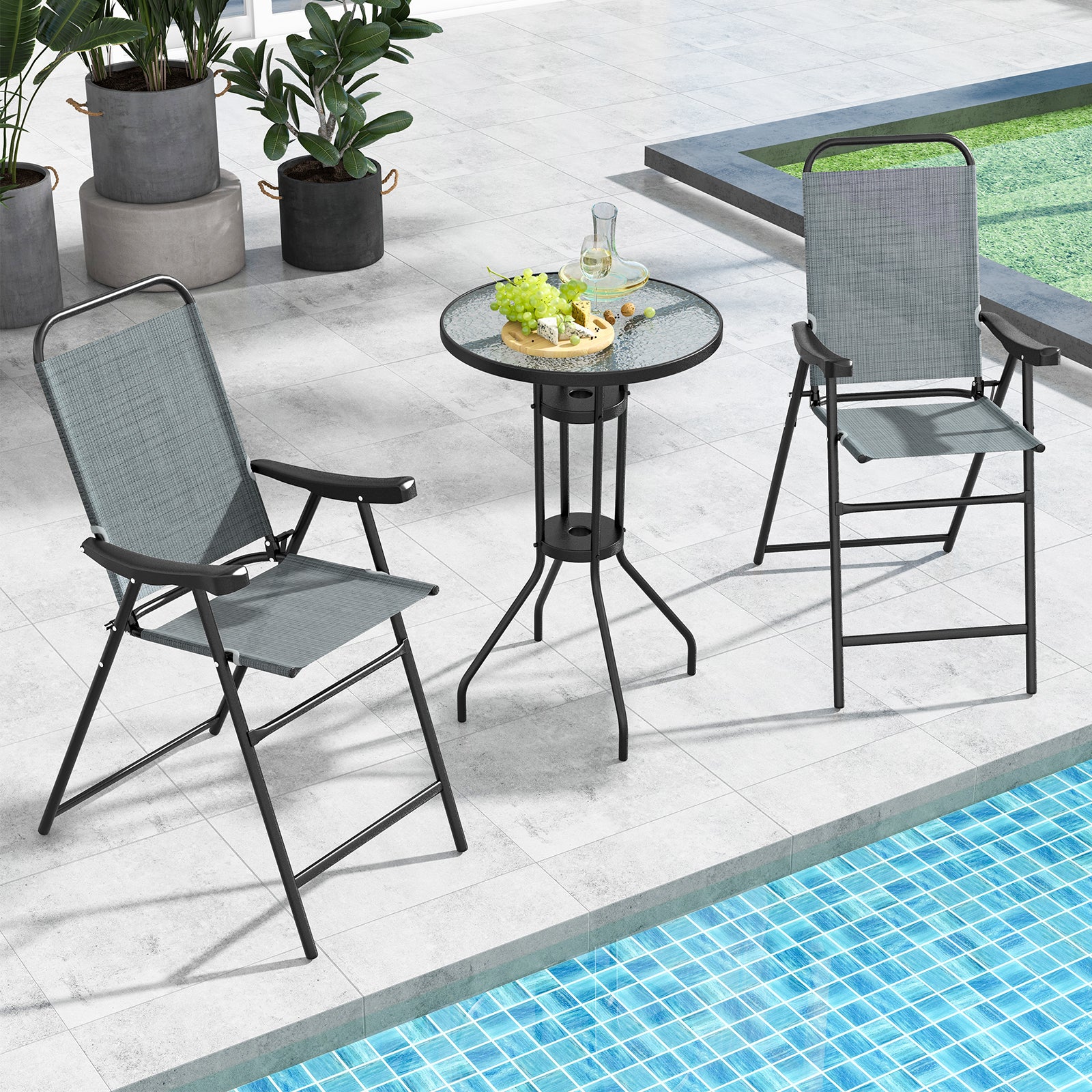 Patio Folding Bar Stool Set of 2 with Metal Frame and Footrest, Blue Patio Bar Furniture at Gallery Canada