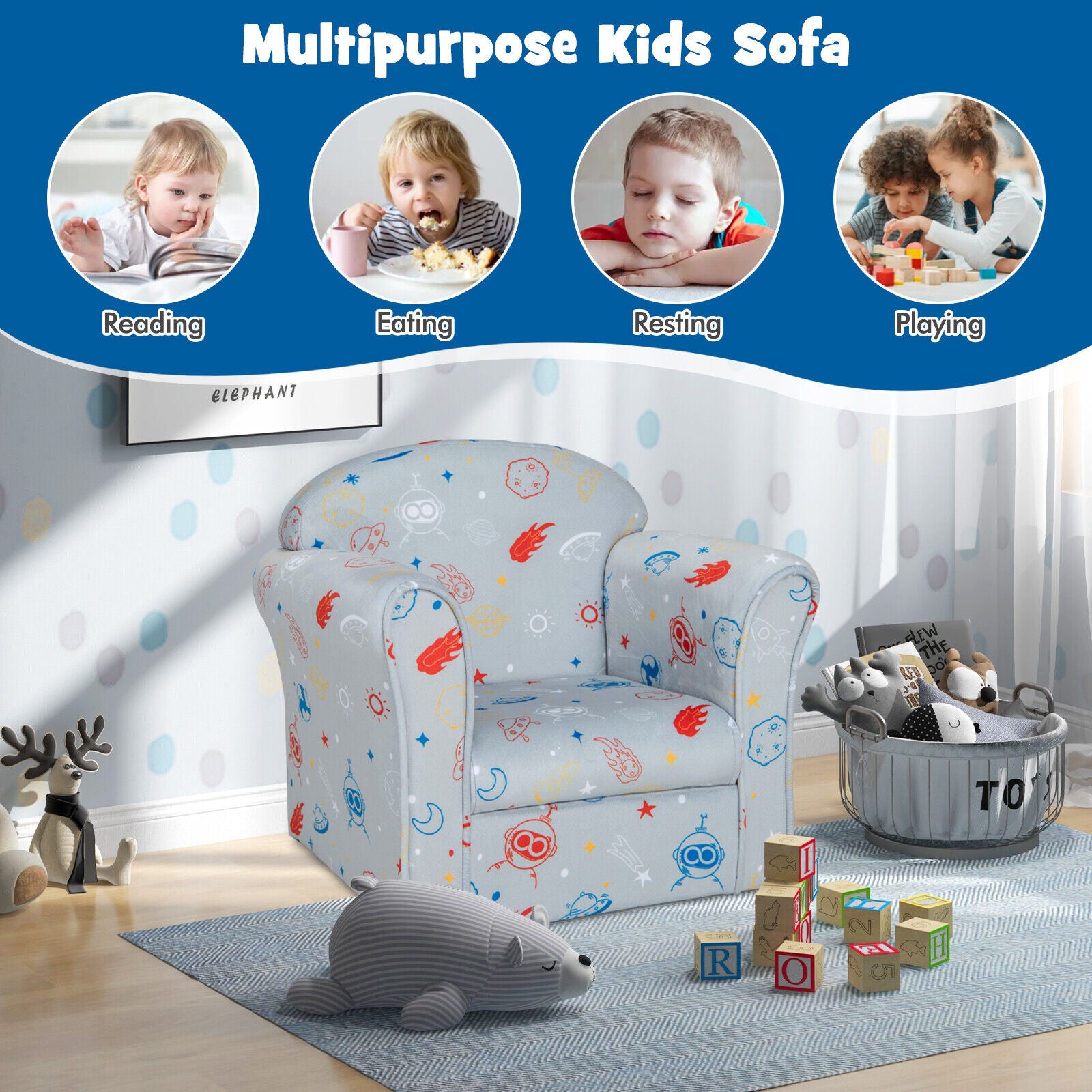 Toddler Upholstered Armchair with Solid Wooden Frame and High-density Sponge Filling, Gray Kids Chairs & Seating at Gallery Canada