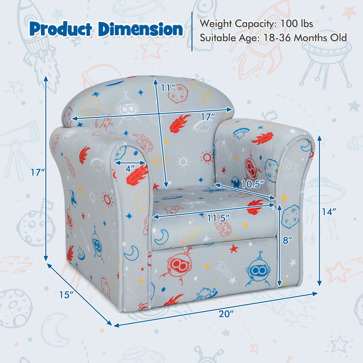 Toddler Upholstered Armchair with Solid Wooden Frame and High-density Sponge Filling, Gray Kids Chairs & Seating at Gallery Canada