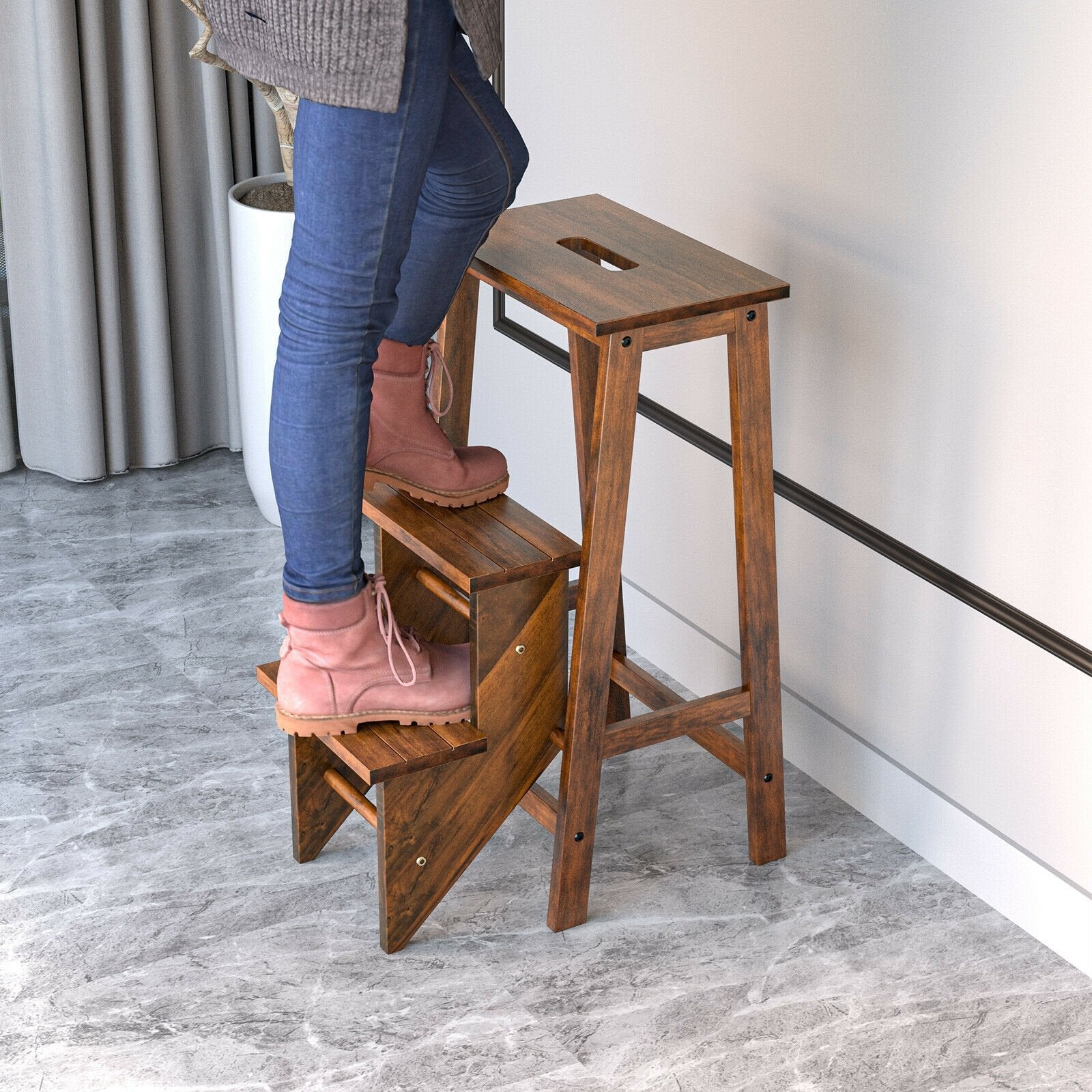 3-in-1 Rubber Wood 3 Tier Folding Step Stool Ladder Storage Shelf, Natural - Gallery Canada