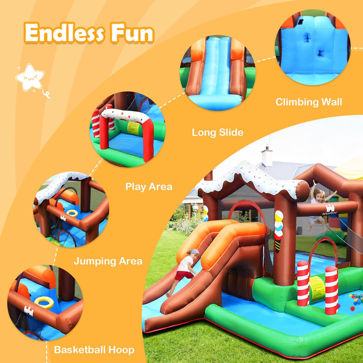 Kids Inflatable Bounce House Jumping Castle Slide Climber Bouncer with 550W Blower, Multicolor
