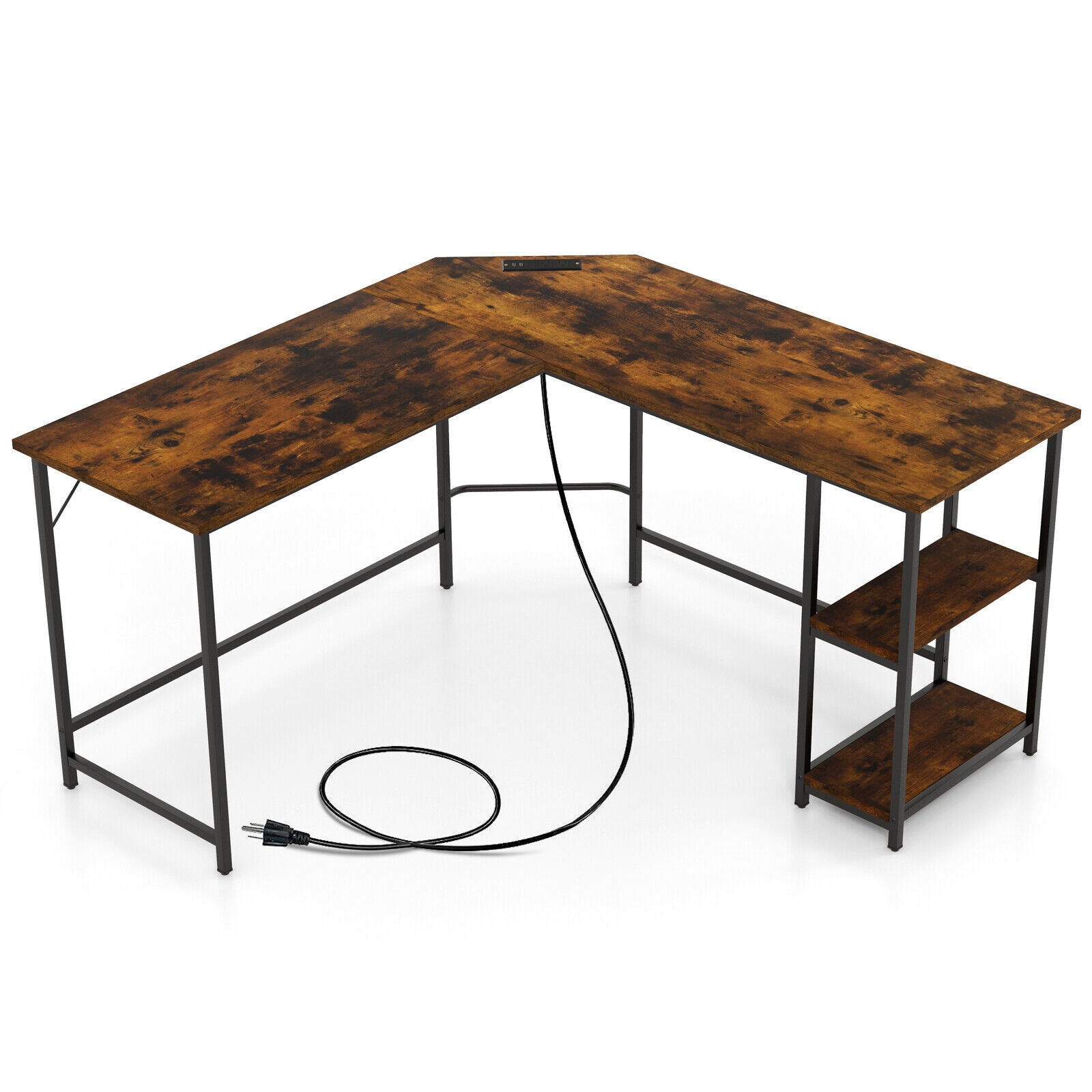 L Shaped Computer Desk with 2 Outlets and 2 USB Ports, Brown L-Shaped Desks Brown at Gallery Canada
