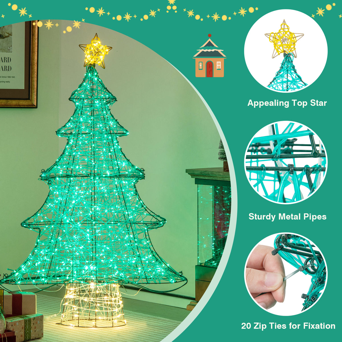 4 Feet Artificial Christmas Tree, 520 LED Lights, Top Star, Green Christmas Tree at Gallery Canada