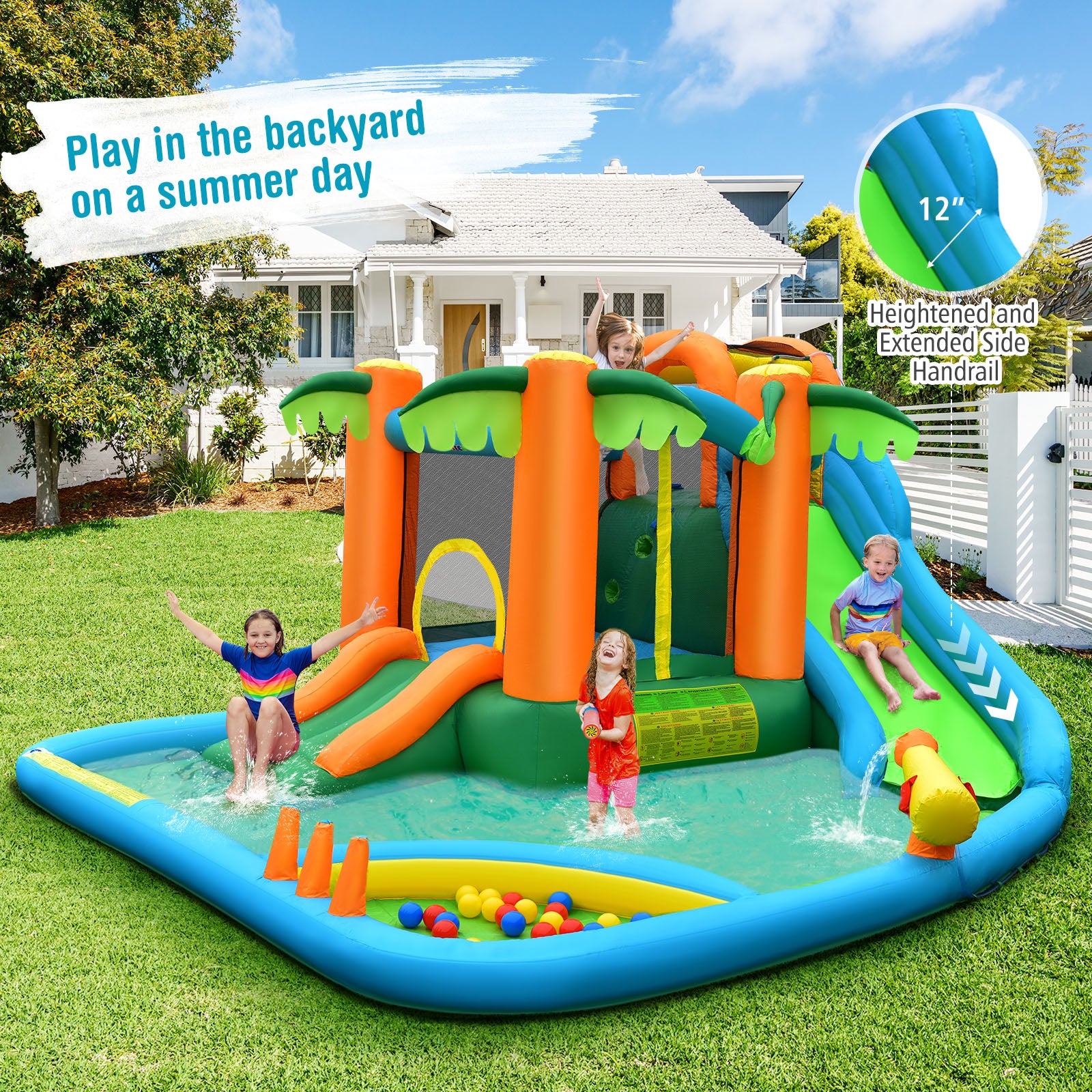 7-in-1 Inflatable Water Slide Park, Trampoline Climbing, 680W Blower, Multicolor Bounce House at Gallery Canada