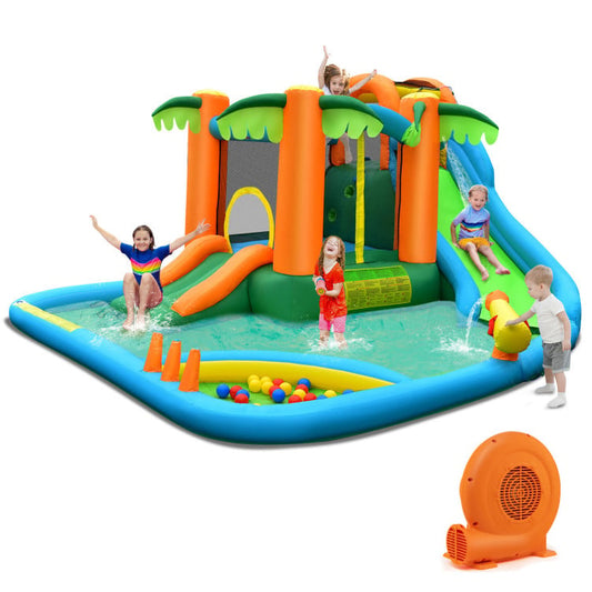 7-in-1 Inflatable Water Slide Park with Trampoline Climbing and 750W Blower, Multicolor - Gallery Canada