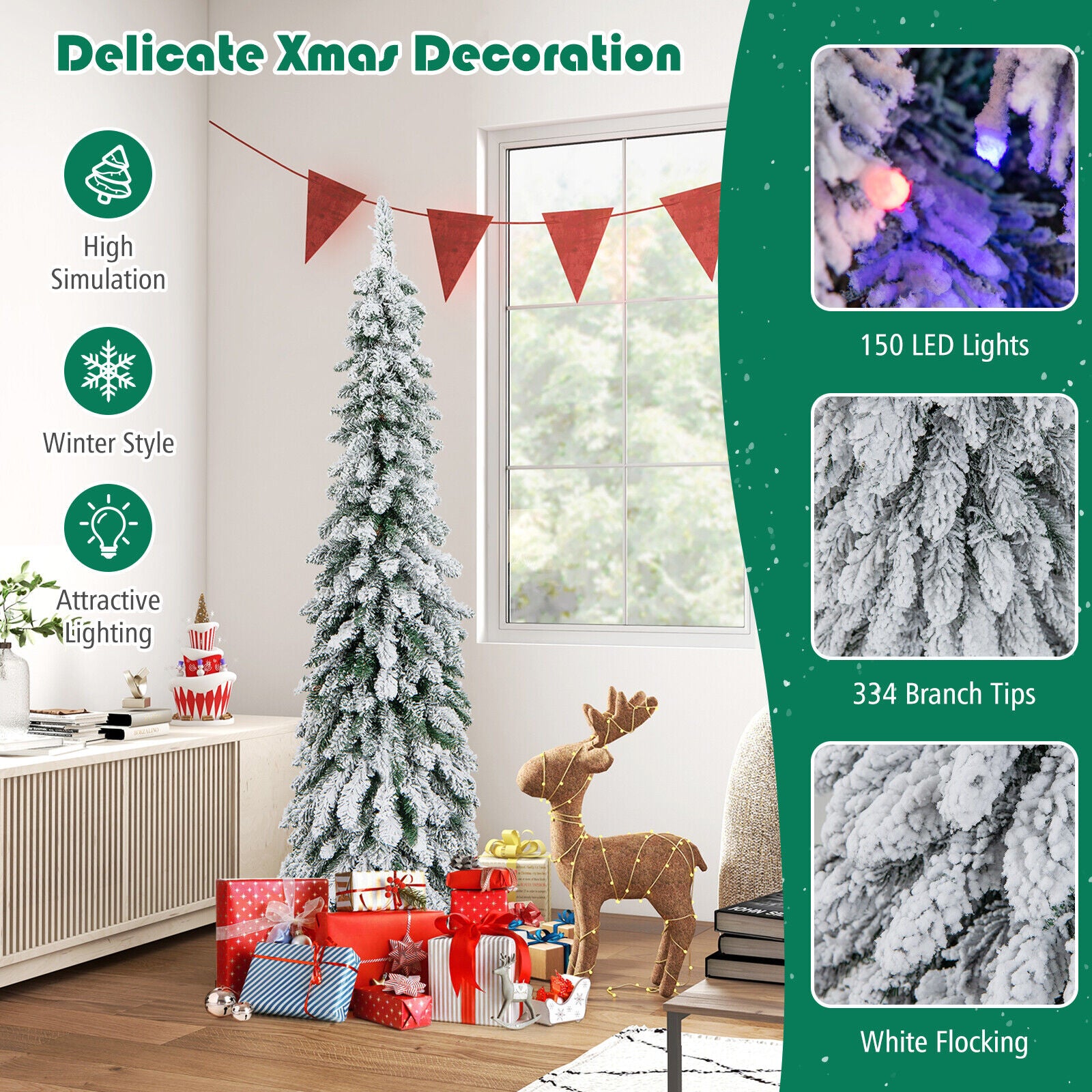 4/5/6 Feet Pre-Lit Artificial Christmas Tree Snow-Flocked Slim Pencil Xmas Decor-5 ft, White Christmas Tree at Gallery Canada